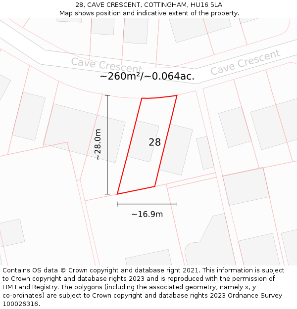 28, CAVE CRESCENT, COTTINGHAM, HU16 5LA: Plot and title map