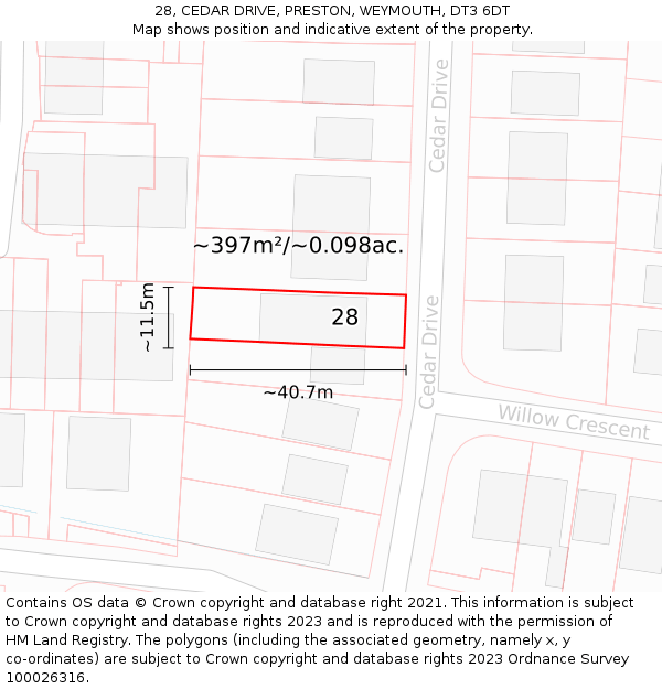 28, CEDAR DRIVE, PRESTON, WEYMOUTH, DT3 6DT: Plot and title map