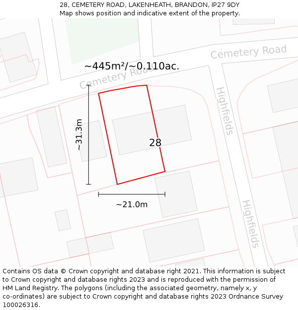 28, CEMETERY ROAD, LAKENHEATH, BRANDON, IP27 9DY: Plot and title map