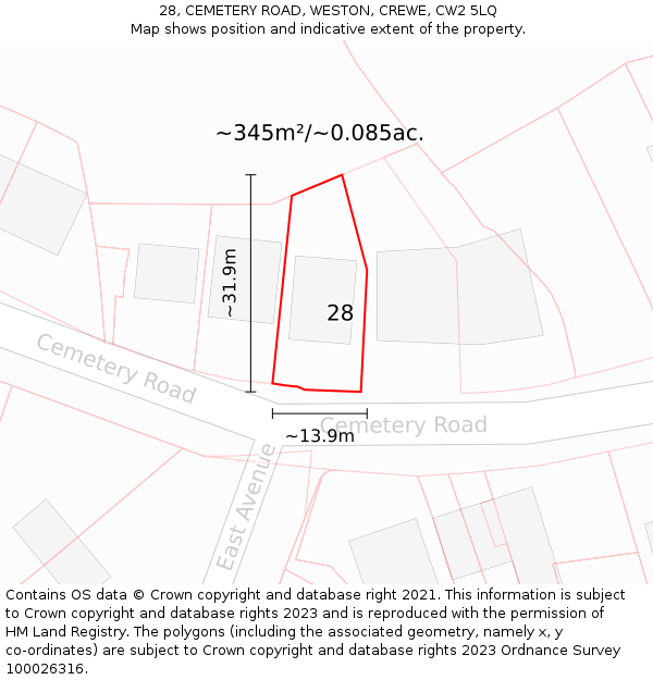 28, CEMETERY ROAD, WESTON, CREWE, CW2 5LQ: Plot and title map