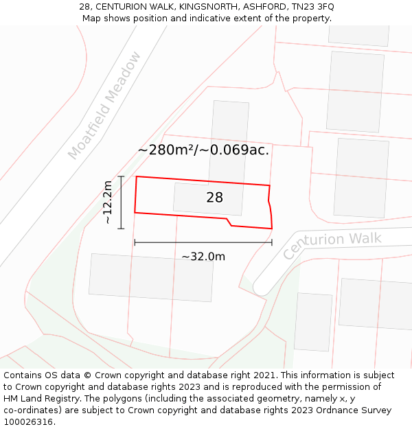 28, CENTURION WALK, KINGSNORTH, ASHFORD, TN23 3FQ: Plot and title map