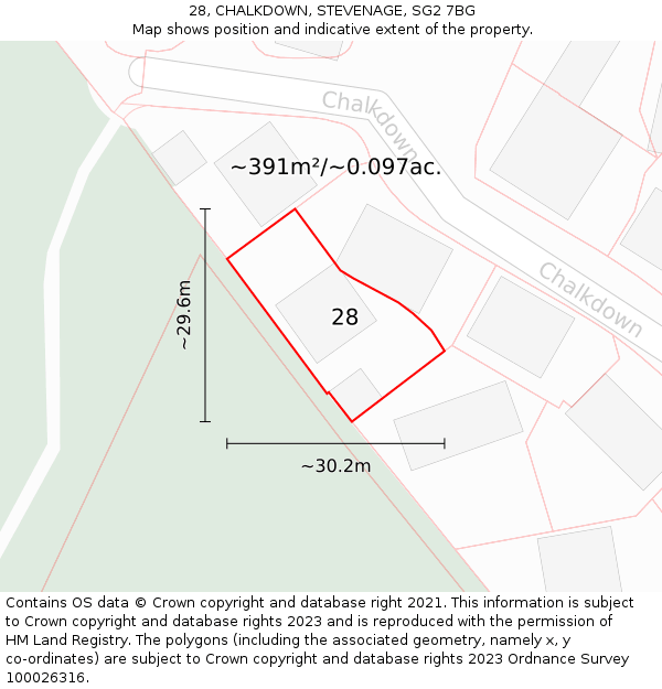 28, CHALKDOWN, STEVENAGE, SG2 7BG: Plot and title map