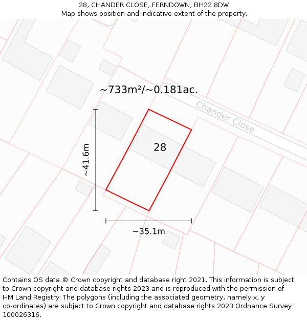 28, CHANDER CLOSE, FERNDOWN, BH22 8DW: Plot and title map