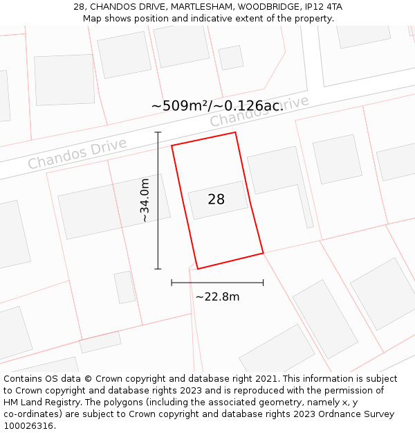 28, CHANDOS DRIVE, MARTLESHAM, WOODBRIDGE, IP12 4TA: Plot and title map