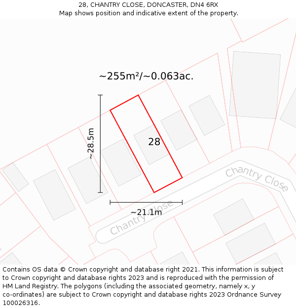 28, CHANTRY CLOSE, DONCASTER, DN4 6RX: Plot and title map