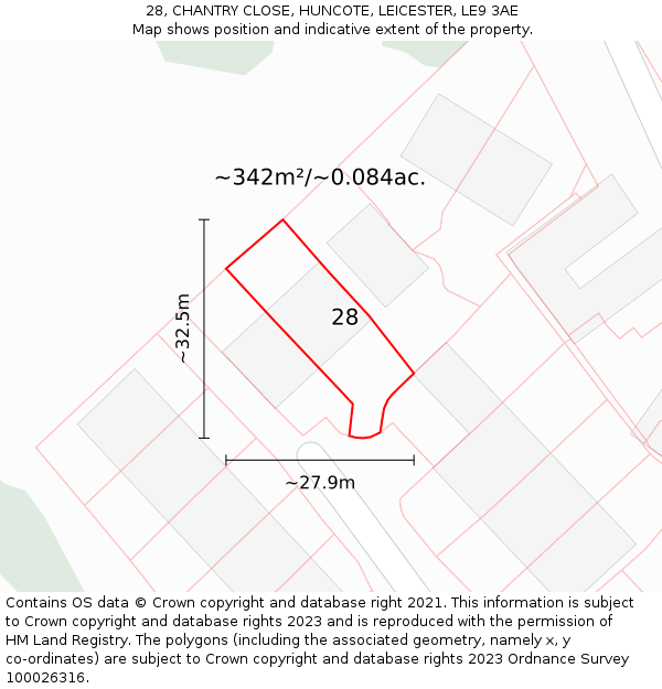 28, CHANTRY CLOSE, HUNCOTE, LEICESTER, LE9 3AE: Plot and title map