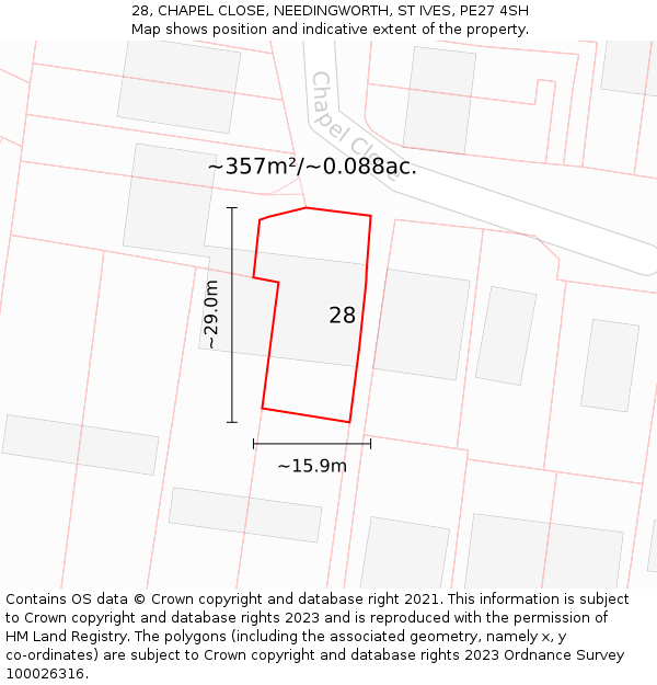 28, CHAPEL CLOSE, NEEDINGWORTH, ST IVES, PE27 4SH: Plot and title map