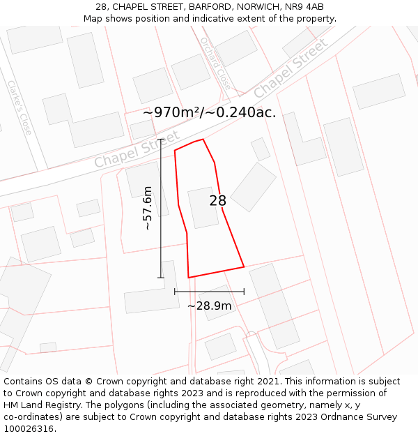 28, CHAPEL STREET, BARFORD, NORWICH, NR9 4AB: Plot and title map