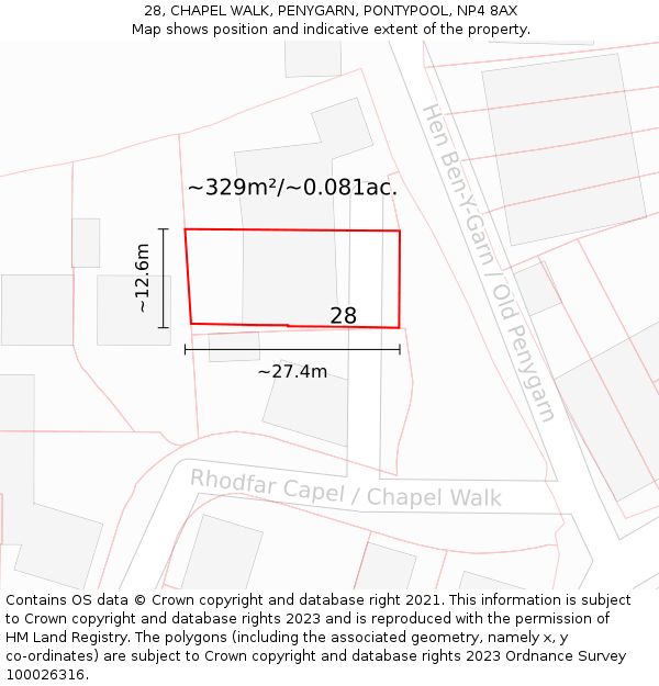 28, CHAPEL WALK, PENYGARN, PONTYPOOL, NP4 8AX: Plot and title map