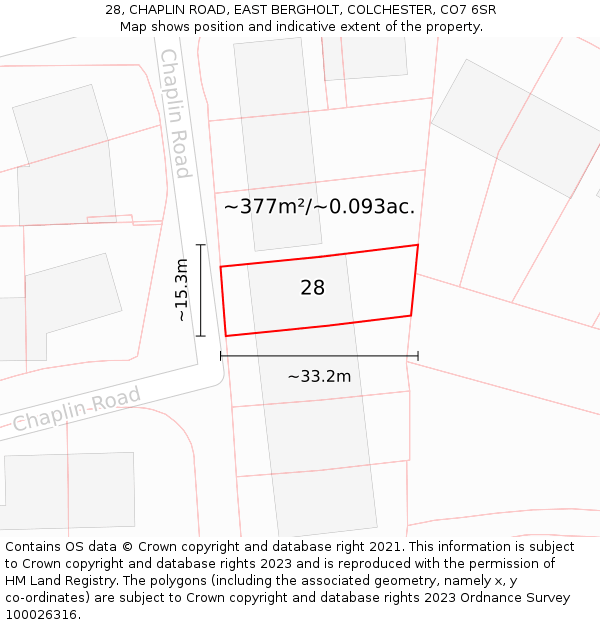 28, CHAPLIN ROAD, EAST BERGHOLT, COLCHESTER, CO7 6SR: Plot and title map