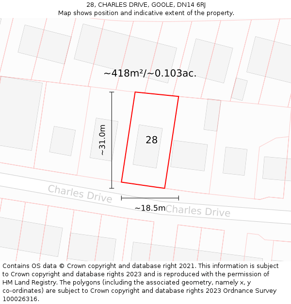 28, CHARLES DRIVE, GOOLE, DN14 6RJ: Plot and title map