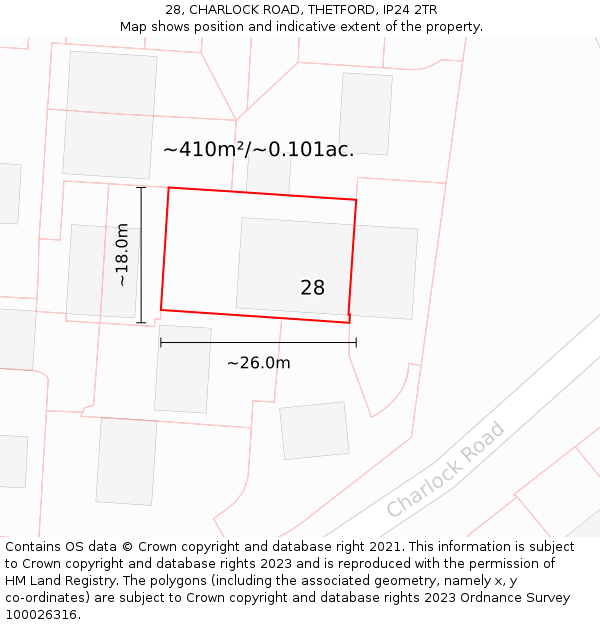 28, CHARLOCK ROAD, THETFORD, IP24 2TR: Plot and title map