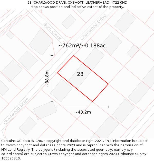 28, CHARLWOOD DRIVE, OXSHOTT, LEATHERHEAD, KT22 0HD: Plot and title map