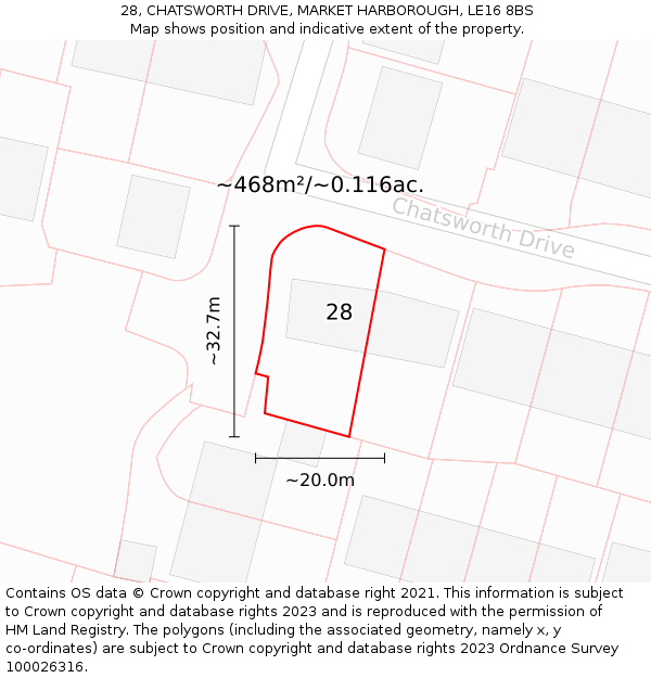 28, CHATSWORTH DRIVE, MARKET HARBOROUGH, LE16 8BS: Plot and title map