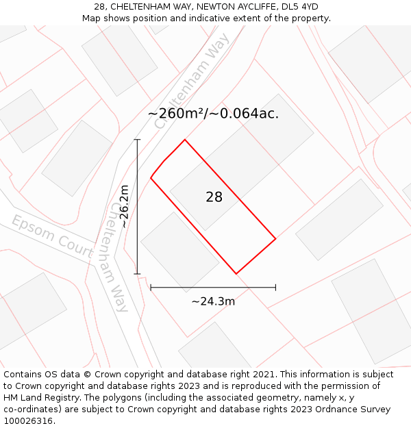 28, CHELTENHAM WAY, NEWTON AYCLIFFE, DL5 4YD: Plot and title map