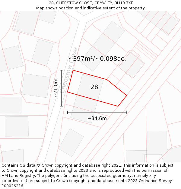 28, CHEPSTOW CLOSE, CRAWLEY, RH10 7XF: Plot and title map
