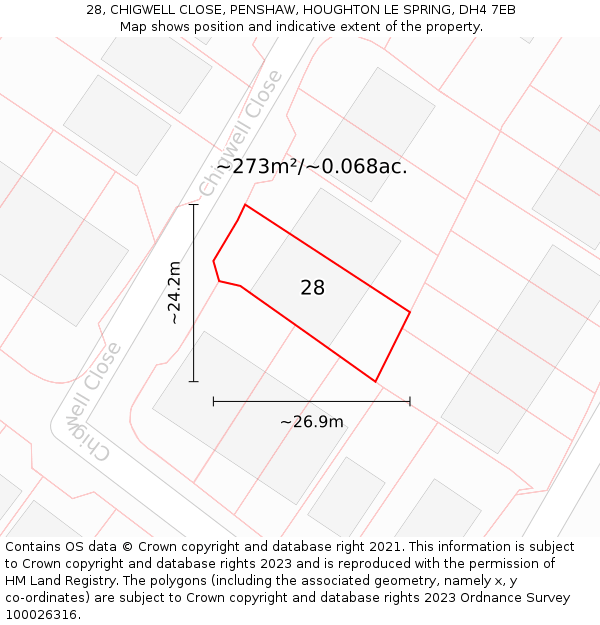 28, CHIGWELL CLOSE, PENSHAW, HOUGHTON LE SPRING, DH4 7EB: Plot and title map