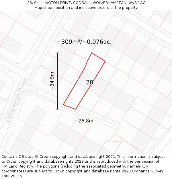 28, CHILLINGTON DRIVE, CODSALL, WOLVERHAMPTON, WV8 1AG: Plot and title map