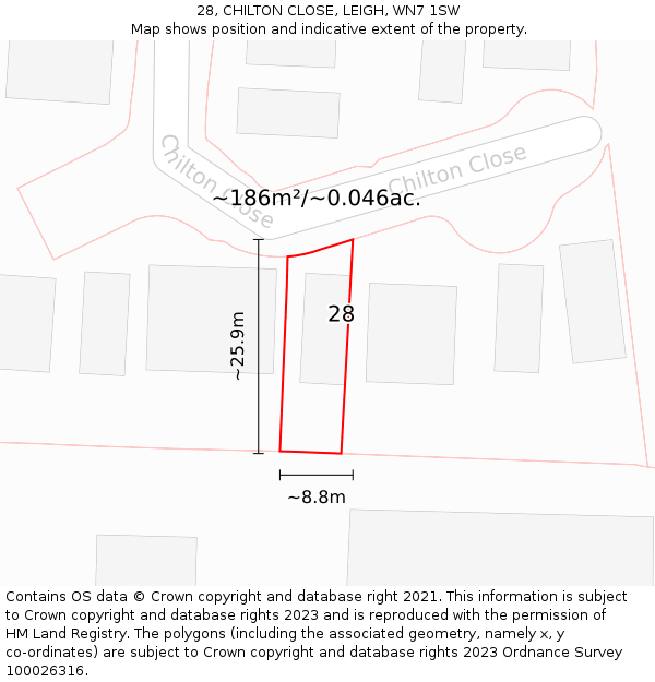 28, CHILTON CLOSE, LEIGH, WN7 1SW: Plot and title map