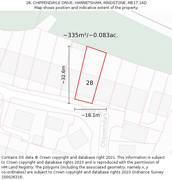 28, CHIPPENDAYLE DRIVE, HARRIETSHAM, MAIDSTONE, ME17 1AD: Plot and title map