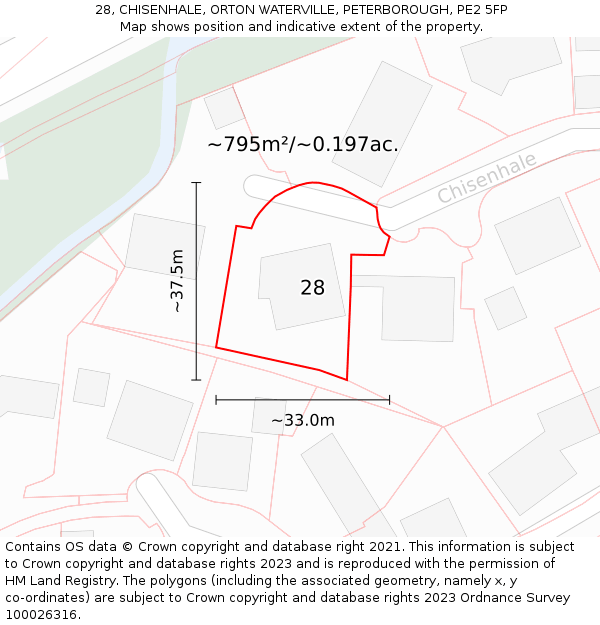 28, CHISENHALE, ORTON WATERVILLE, PETERBOROUGH, PE2 5FP: Plot and title map