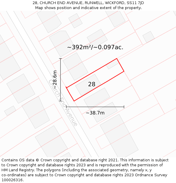 28, CHURCH END AVENUE, RUNWELL, WICKFORD, SS11 7JD: Plot and title map