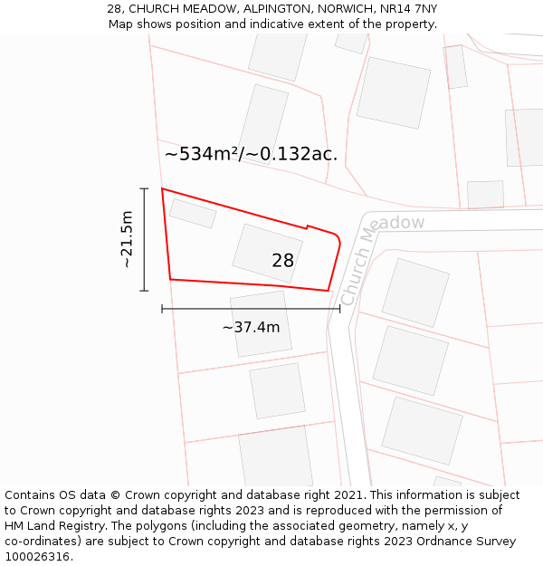 28, CHURCH MEADOW, ALPINGTON, NORWICH, NR14 7NY: Plot and title map