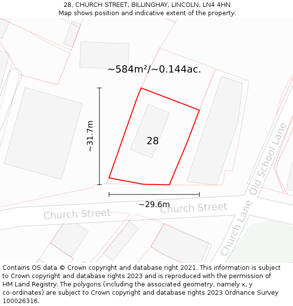 28, CHURCH STREET, BILLINGHAY, LINCOLN, LN4 4HN: Plot and title map