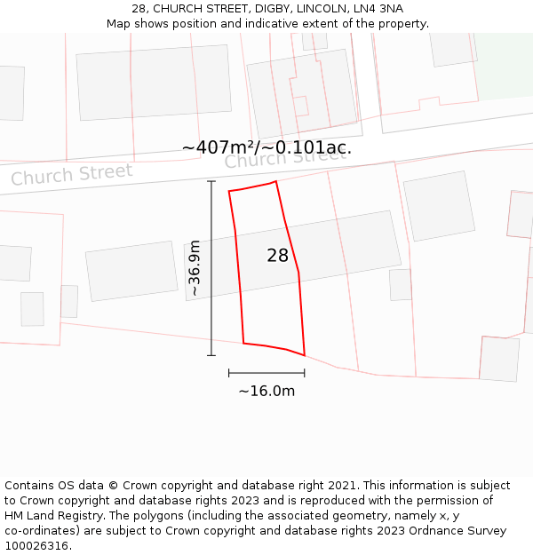 28, CHURCH STREET, DIGBY, LINCOLN, LN4 3NA: Plot and title map