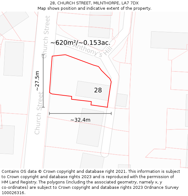 28, CHURCH STREET, MILNTHORPE, LA7 7DX: Plot and title map