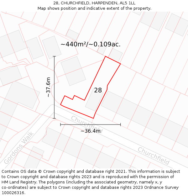 28, CHURCHFIELD, HARPENDEN, AL5 1LL: Plot and title map