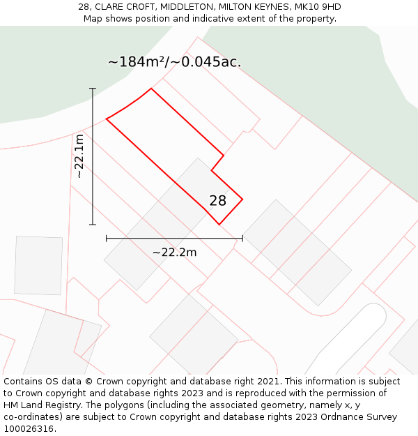 28, CLARE CROFT, MIDDLETON, MILTON KEYNES, MK10 9HD: Plot and title map