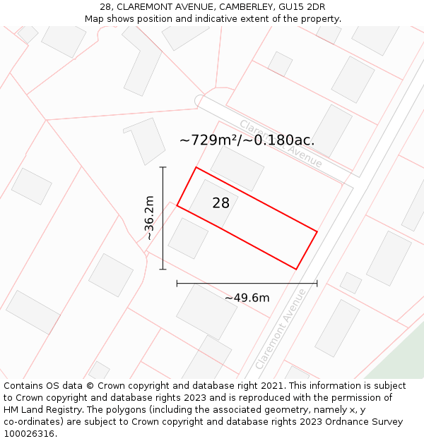 28, CLAREMONT AVENUE, CAMBERLEY, GU15 2DR: Plot and title map