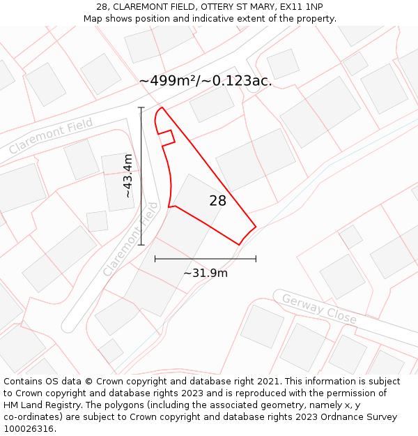 28, CLAREMONT FIELD, OTTERY ST MARY, EX11 1NP: Plot and title map