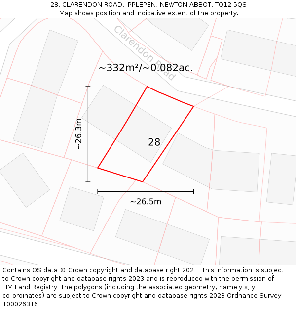 28, CLARENDON ROAD, IPPLEPEN, NEWTON ABBOT, TQ12 5QS: Plot and title map