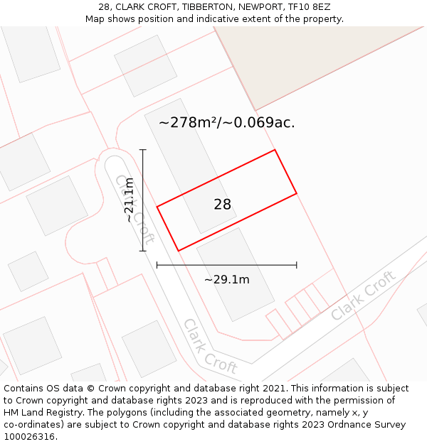 28, CLARK CROFT, TIBBERTON, NEWPORT, TF10 8EZ: Plot and title map