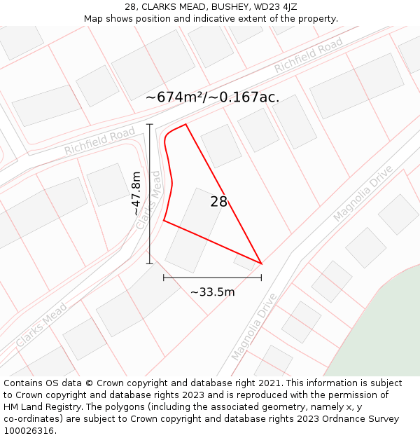 28, CLARKS MEAD, BUSHEY, WD23 4JZ: Plot and title map