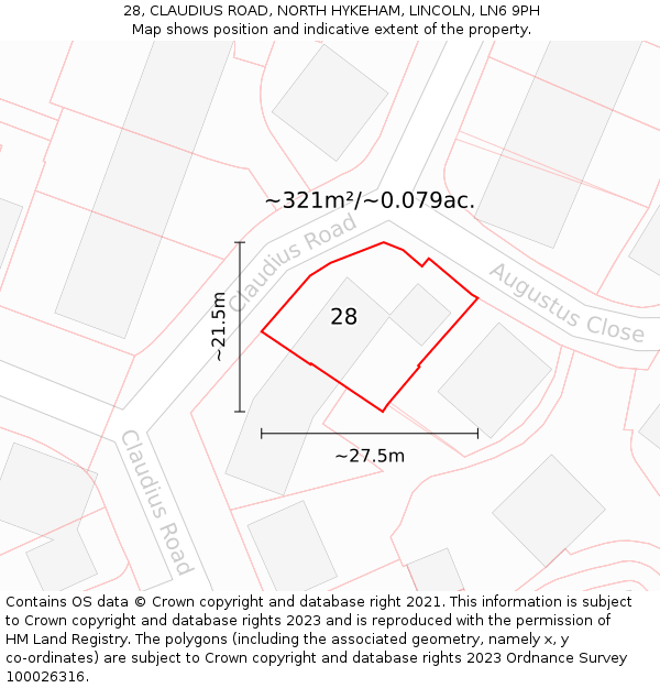 28, CLAUDIUS ROAD, NORTH HYKEHAM, LINCOLN, LN6 9PH: Plot and title map