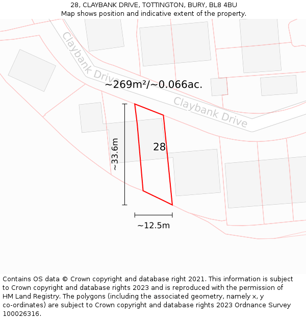 28, CLAYBANK DRIVE, TOTTINGTON, BURY, BL8 4BU: Plot and title map