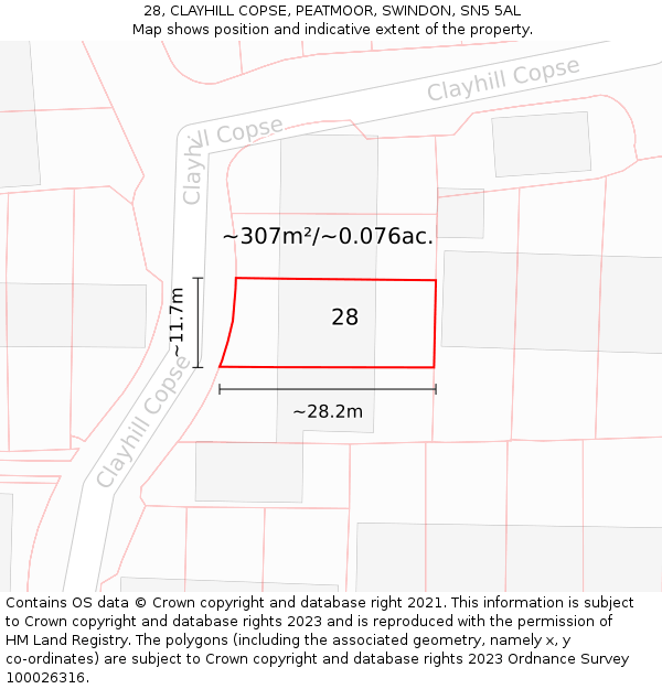 28, CLAYHILL COPSE, PEATMOOR, SWINDON, SN5 5AL: Plot and title map