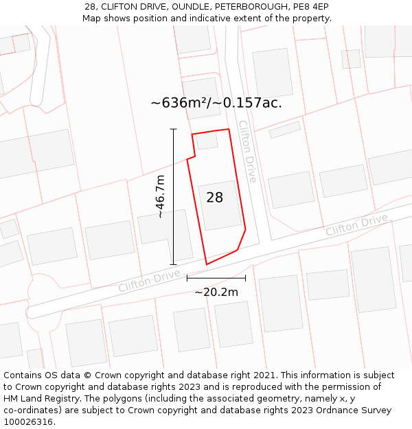 28, CLIFTON DRIVE, OUNDLE, PETERBOROUGH, PE8 4EP: Plot and title map