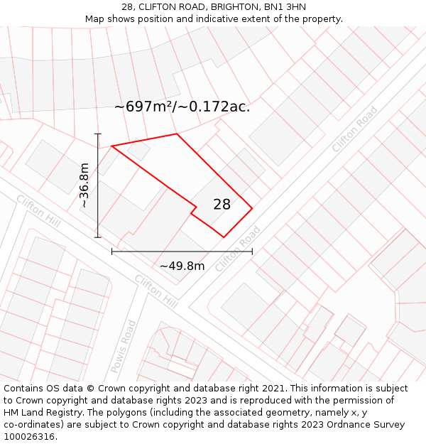 28, CLIFTON ROAD, BRIGHTON, BN1 3HN: Plot and title map