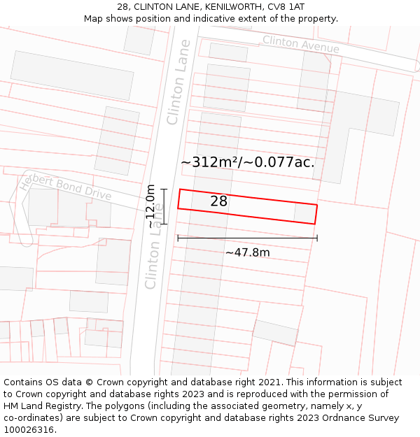 28, CLINTON LANE, KENILWORTH, CV8 1AT: Plot and title map