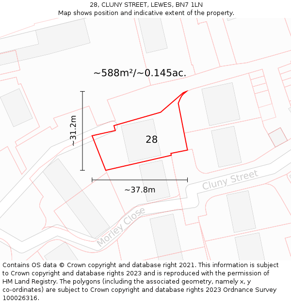 28, CLUNY STREET, LEWES, BN7 1LN: Plot and title map