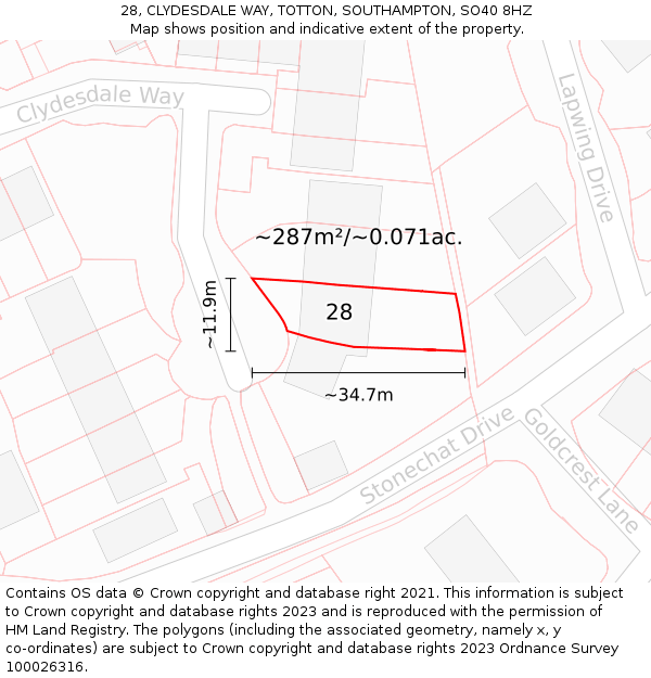 28, CLYDESDALE WAY, TOTTON, SOUTHAMPTON, SO40 8HZ: Plot and title map