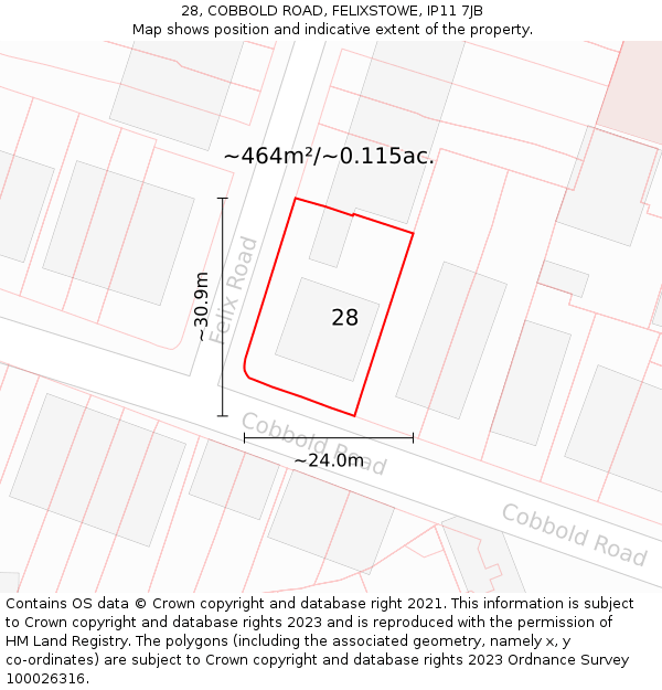 28, COBBOLD ROAD, FELIXSTOWE, IP11 7JB: Plot and title map