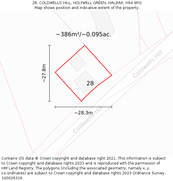 28, COLDWELLS HILL, HOLYWELL GREEN, HALIFAX, HX4 9PG: Plot and title map