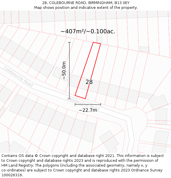 28, COLEBOURNE ROAD, BIRMINGHAM, B13 0EY: Plot and title map