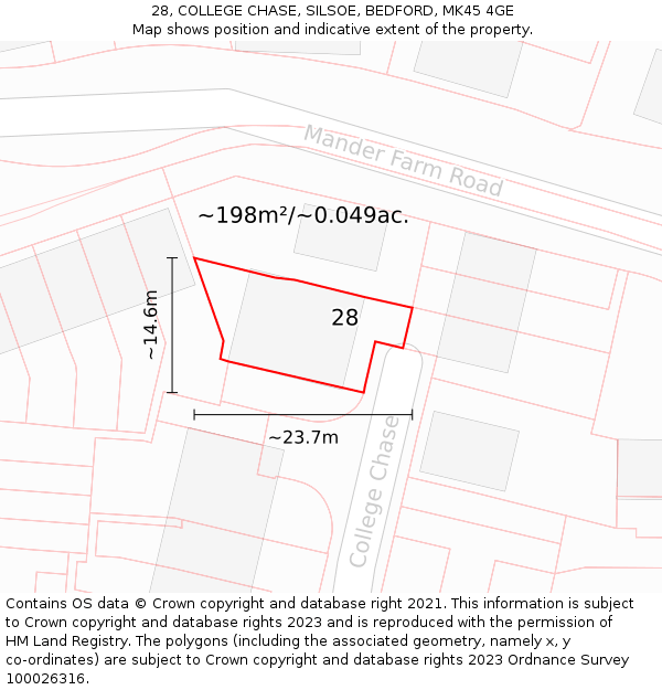 28, COLLEGE CHASE, SILSOE, BEDFORD, MK45 4GE: Plot and title map