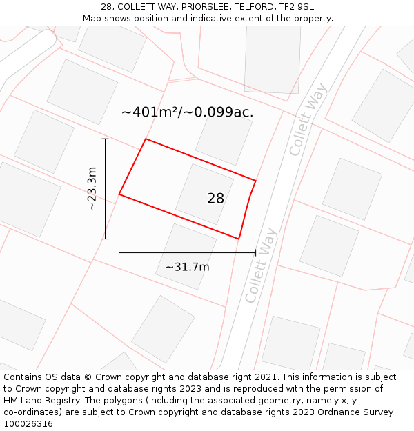 28, COLLETT WAY, PRIORSLEE, TELFORD, TF2 9SL: Plot and title map